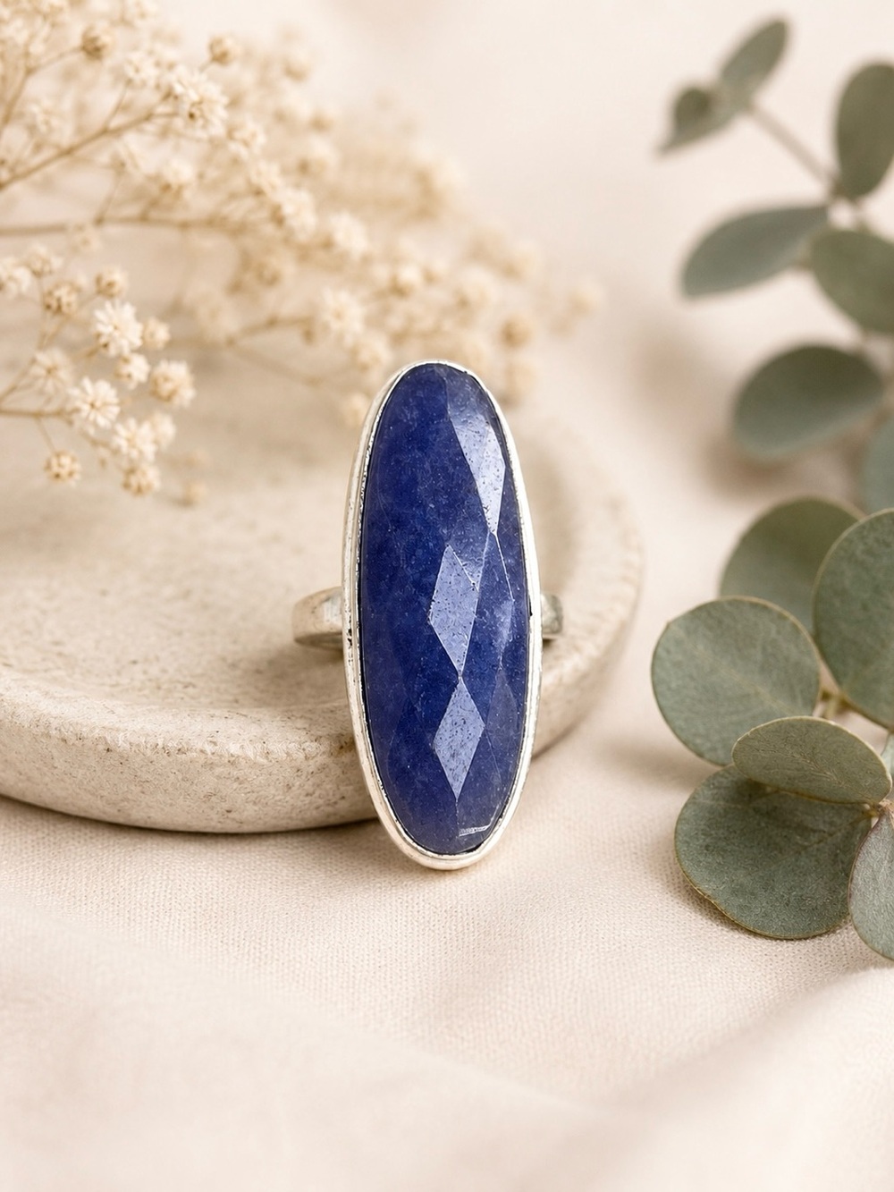 Faceted Blue Sapphire Longated Oval 925 Silver Ring - Sz 7.5